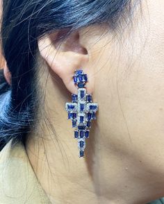 ENJOY OUR WORRY-FREE SERVICE AND THE DAZZLING, GENUINE JEWELRY WE DESIGN AND HANDCRAFT WITH LOVE❤️ ABOUT THE ITEM: JUST ONE WORD I HAVE FOR THESE EARRINGS: GLAMOROUS! IF YOU ARE LOOKING FOR A GORGEOUS AND LONG, CHANDELIER EARRINGS THAT WILL ABSOLUTELY MAKE EVERYBODY STOP AND STARE! LOOK NO FURTHER! WE ARE PRESENTING YOU A STUNNING PAIR OF CEYLON BLUE SAPPHIRES AND NATURAL DIAMONDS, SET IN LUXURIOUS AND BEAUTIFUL 18K SOLID WHITE GOLD, CHANDELIER EARRINGS! ONE OF A KIND! CUSTOM DESIGNED! Made by o Blue Diamond Earrings For Wedding, Fine Jewelry, Wedding Sapphire Drop Diamond Earrings, Luxury Blue Dangle Chandelier Earrings, Luxury Blue Diamond Earrings, Blue Diamond Bridal Earrings For Formal Events, Blue Diamond Bridal Earrings For Formal Occasions, Luxury Blue Chandelier Earrings For Formal Occasions, Luxury Blue Baguette Cut Earrings, Sapphire Drop Diamond Earrings For Wedding