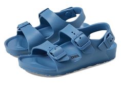 Birkenstock Kids Milano EVA (Toddler/Little Kid/Big Kid) - Kid's Shoes : Elemental Blue : Let your junior walk with comfort and flexibility on those warm sunny days in the Birkenstock Kids Milano EVA Sandals. Flat sandals with synthetic upper. Roomy toe box allows toes to stretch out. Buckle closure with two adjustable straps for customized fit. Birkenstock's contoured footbed support kids growing feet. Back strap offers secure fit. Synthetic lining. Birkenstock footbed provides arch support, a deep heel cup, and a roomy toe box. Arch support provides a steady foundation that supports good posture. Lightweight, flexible, and durable EVA outsole. Imported. Measurements: Weight: 2 oz Product measurements were taken using size EU 26 (US 8-8.5 Toddler), width Narrow. Please note that measureme Slip-resistant Outdoor Sandals For Spring, Casual Slip-resistant Round Toe Sandals, Casual Adjustable Fit Sandals For Outdoor, Spring Outdoor Slip-resistant Sandals, Casual Scratch-resistant Sandals For Beach, Sporty Non-slip Sandals, Spring Slip-resistant Comfortable Sandals, Adjustable Sandals For Spring, Casual Adjustable Sandals Scratch-resistant