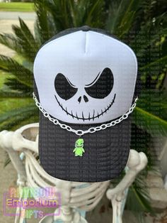 Get ready for Halloween with our fun and stylish Smiling Jack Trucker Hat! Perfect for pumpkin patch visits, Halloween parties, or just showing off your love for the spooky season. Whether you're carving pumpkins, trick-or-treating, or just enjoying the autumn season, this hat is the perfect accessory to get you in the Halloween spirit! Get in the Spooky Season spirit with this eye-catching trucker hat! Hat Details: - Structured 5-panel cap - Foam front panel with Sassy Squatch design - Adjustab Novelty Halloween Costume Cap, Adjustable Themed Halloween Hats, Trendy Halloween Cap Hat, Themed Halloween Costume Cap Accessories, Trendy Halloween Cap, Themed Halloween Costume Cap, Themed Halloween Cap, Playful Halloween Costume Cap, Themed Halloween Hat, One Size Fits Most