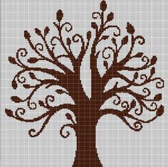 a cross stitch tree with leaves and swirls in brown on a white background,