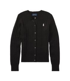 From Polo Ralph Lauren&#x2C; this cardigan features:medium weight&#x2C; cable-knit fabricrib-knit round necklinelong sleeves with rib-knit cuffsbuttoned front placketgrosgrain trim along the under placketsignature embroidered Pony at the left chestrib-knit hemCottonMachine wash; tumble dryImported. Walburga Black, Cable Cardigan, Ralph Lauren Kids, Button Front Cardigan, Ralph Lauren Collection, Cable Knit Cardigan, Cotton Cardigan, Kids Sweater, Long Sleeve Mini