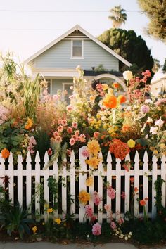 Cottage Garden With Lawn, Picket Fence Flowers, Wooden House Painting Ideas, Fenced In Flower Garden, Cottage Flower Garden Ideas, Picket Fence Painting Ideas, Border Gardens Along Fence, Garden Inspo Ideas, White Fence Garden