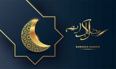 rama kareem greeting card with golden crescent and arabic calligraphy on blue background