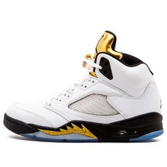 The Air Jordan 5 Retro 'Olympic' will have you feeling like a champion. This sneaker celebrates the 2016 Summer Olympics in Rio and features a white leather upper with black and gold accents. The Ice Blue translucent outsole is inspired by the medal podium and is sure to turn heads. This release also comes with a Metallic Gold tongue, a nod to the first place medals handed out at the games. Whether you're lacing them up for a game or just hitting the streets, the Air Jordan 5 Retro 'Olympic' will have you feeling like a winner. (AJ5/SNKR) Sporty Gold High-top Custom Sneakers, Gold Sneakers With Abzorb Midsole For Sports, Gold Basketball Shoes With Boost Midsole, Gold Basketball Shoes With Boost Midsole For Sports, Gold High-top Sneakers For Sports, Gold Custom Sneakers For Sports With Branded Insole, Gold High-top Custom Sneakers For Sports, Classic Gold Sneakers For Streetwear, Gold High-top Basketball Shoes