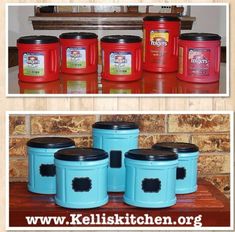 an image of some blue jars and red containers on top of a wooden table with the caption's facebook page below it