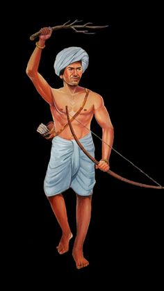 a painting of a man with a bow and arrow in his hand, holding two arrows