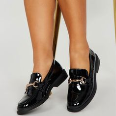 Step up your style game with these black patent leather loafers. Featuring a comfortable round toe and a chic gold chain embellishment, these flats add a touch of sophistication to any outfit. Color: Black Material: Patent leather Toe: Round toe Gold chain embellishment Handcrafted US sizing. Fits true to size. Black Patent Leather Loafers, Womens Loafers, Cowboy Shoes, Dance Heels, Flat Loafers, Boots Square Toe, Patent Leather Loafers, Suede Boots Knee High, Wedge Boots