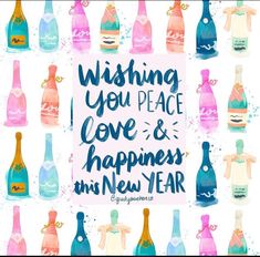 the words wishing you peace, love and happiness in new year written on colorful bottles