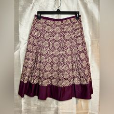 New Without Tags Talbots Knee Length Skirt Purple And Cream Geometric Design Purple Hem Pleated Hidden Zipper On Side With Hook Enclosure Size 2 Petite Purple Tiered Lined Skirt, Purple Flared Lined Skirt, Relaxed Fit Purple Skirt, Purple Lined Flared Skirt, Purple Lined Long Skirt, Purple Long Lined Skirt, Skirt Purple, Rayon Pants, Jelly Shoes