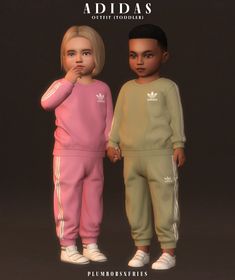 two young children standing next to each other in pink and green tracksuits with adidas on them