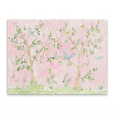 a painting of two trees with birds in the branches and flowers on pink paper background