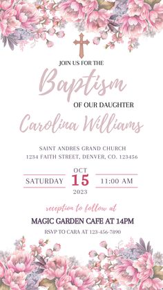 Baptism Text Invitation Template, Boho Pink Flowers, Pink boho & Gold Baptism Text Invite - Pink Boho Flowers, Gold Baptism Text Invite, Editable - baptism invitation, baptism invitation template, baptism invitation girl, baptism invitation boy, baptism invite, baptism invitation card, baptism invitation ideas, baptism invitation for boys, baptism invitation for girls, baptism invitation template girl, baptism invitation template boy, baptism invitation background Baptismal Invitation For Girl, Baptism Invitation Background, Birthday And Baptismal Invitation, Baptism Card Ideas, Baptismal Invitation Template Blank, Baptism Invitation Card, Dedication Card, Baptism Invitation For Boys, Baptism Themes