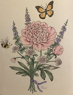 a drawing of pink flowers and butterflies