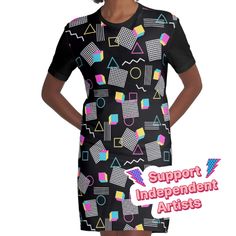 Loose and casual fit jersey t-shirt dress. Printed polyester blend front panel, solid color 100% cotton back/sleeves/rib. Size range XS-2XL. A 1990s Memphis inspired print! Casual Fits, T Shirt Dress, Dresses For Sale, Graphic Tshirt, Shirt Dress, Solid Color, T Shirt, Black, Color