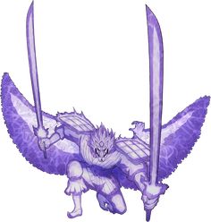 a drawing of a purple dragon with two swords in it's claws and wings