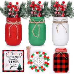 PRICES MAY VARY. Christmas Mason Jars - Set includes 3 pieces of mason jar decorations with Christmas theme, 3 pieces of artificial snow cone decorations, 2 pieces of 3D tray decorations wood chips, 1 piece of red green wood bead garland, 1 piece of hemp rope (2 meters long, cut by yourself), this set has everything! Ideal Home Decoration - These Christmas decorations and accessories are the perfect choice for any farmhouse enthusiast. They can not only decorate your dining table center, kitchen Christmas Decor Mason Jars, Christmas Centrepiece Table, Centerpiece Christmas Decor, Table Decorations Christmas, Christmas Coffee Table Decor, Christmas Dining Table Decor, Holiday Table Centerpieces, Dollar Store Christmas Crafts, Centerpiece Christmas