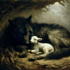 a painting of a wolf and its lamb in a cave