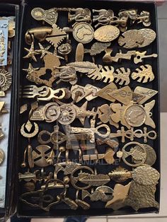 an open box filled with lots of different types of brooches and other items