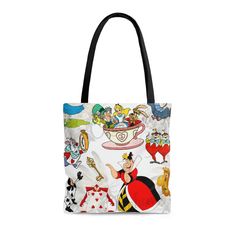 "🔥 Alice in Wonderland is back for the holidays and ready to celebrate with style. Gift for a friend or get for yourself to carry your stuff around for vacation or just through out your day. Grab this classic \"Alice in Wonderland Tote Bag\" today! ✔ 100% Polyester ✔ Boxed corners ✔ Black cotton handles ✔ NB! Size tolerance 0.75\" (1.9 cm)) ✔ With non-woven laminate inside ✔ Black inner stitching, transparent thread on hems. ✔ Assembled in the USA  ⭐ Thank you for visiting the Mystic Shop and have a great day." Playful Satchel Bag For Travel, Fun Travel Shoulder Bag, Themed Rectangular Bags For Daily Use, Fun Travel Bag With Removable Pouch, Fun White Shoulder Bag For Travel, Playful White Bags For Travel, White Fun Shoulder Bag For Travel, Playful White Travel Bags, Themed Rectangular Bag As A Gift