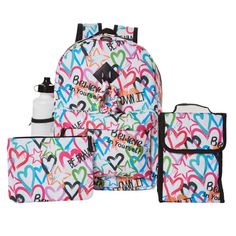 The complete bundle includes a 16 inch neon heart print back pack with inspirational sayings (11 x 5.5 x 16 in.), a foldable matching lunchbox, a BPA free water bottle, a carabiner clip, a large pencil pouch, & a girls� scrunchie. The roomy main compartment fits folders, binders, & notebooks. It has mesh elasticized drink pockets on both sides, a personalized label inside, & a large front zip pocket to keep school supplies organized. Scrunchies are back in style, and girls will love the matching Club Libby Lu, Libby Lu, Neon Heart, Square Backpack, School Supplies Organization, Backpack Set, Back To School Backpacks, Trendy Girl, Luggage Backpack