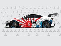 a white car with red and blue designs on it