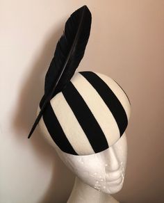 Black and Cream striped print Pillbox/ Cocktail hat with no feathers     Completely sewn and formed by hand using traditional Millinery techniques by myself.Also made with eco friendly recycled cotton buckram. If this hat is for Royal ascot let me know and I'll have your order rushed out to you. Sleek and simple goose feather detail available in many different colours.Contact me for details. It is attached with Millinery elastic which is easily adjusted. All feathers are slightly different.  Fea Modern Pillbox Hat, White Pillbox Hat, Cartwheel Hat, Hat With Feather, Classy Hats, Royal Ascot Hats, Derby Hats Fascinators, Couture Hats, Hat Base