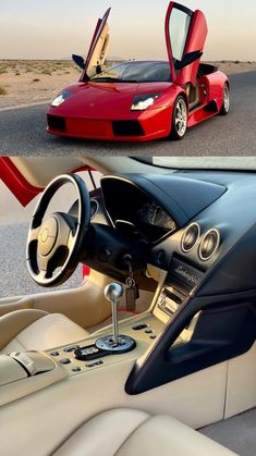 the interior and dashboard of a red sports car with its doors open in two different views