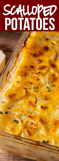 a casserole dish with potatoes and cheese in it on a wooden table next to bread