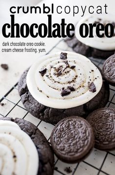 chocolate oreo cookies with white frosting on a cooling rack and text overlay reads crumb copycat chocolate oreo