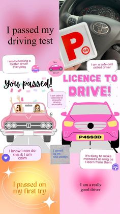 a pink car driving down a street next to a parking meter and a sign that says, i passed my driving test you passed license