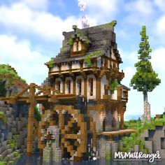 Medieval Minecraft House Ideas, Spruce Farmhouse Minecraft, Minecraft Sailing Ship, Minecraft House With Water Wheel, Cliff Side Village Minecraft, Minecraft Water Wheel House, Minecraft Waterwheel House, Howls Moving Castle Minecraft, Minecraft Smith House