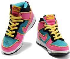 Girls Nike Dunk SB High Top Shoes Pink Green Jordan High Heels, Nike Shoes Girls Kids, Nike Shoes High Tops, Nike Kids Shoes, Nike Shoes Girls, Jordans Girls, Nike Shoes Outfits, Shoes For Kids, Cute Nike Shoes