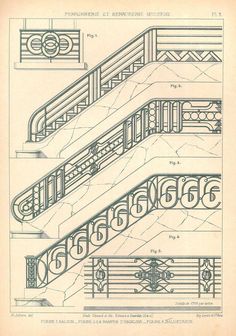 an architectural drawing shows the steps and railings in different styles, from top to bottom