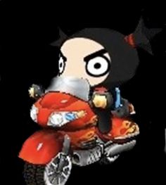 a cartoon character riding on the back of a red motorbike in front of a black background