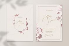 two wedding cards with pink flowers on them