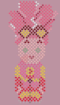 a woman's face is made up of circles and dots on a pink background