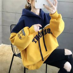 Autumn Loose Hoodies Women Print Letter Sweatshirts Vintage Patchwork Pullover Casual Long Sleeves Hoodies Korean New Hooded Color Block Top For Streetwear, Blue Hoodie With Contrast Color For Winter, Blue Winter Hoodie With Contrast Color, Blue Contrast Color Hoodie For Fall, Blue Hooded Hoodie With Contrast Color, Trendy Hooded College Sweater, Trendy Hooded Sweater For College, Trendy Winter Hoodie With Contrast Color, Hooded Tops With Contrast Color For Fall