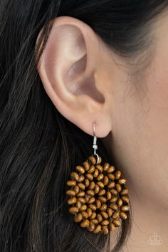 Clusters of dainty brown wooden beads are threaded along invisible wires, creating a vivacious floral pattern frame for a summery flair. Earring attaches to a standard fishhook fitting. Sold as one pair of earrings. Paparazzi Jewelry Images, Pink Jewels, Mobile Boutique, Brown Earrings, Fish Hook Earrings, Wire Weaving, Paparazzi Accessories, Wooden Earrings, Paparazzi Jewelry