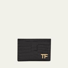 TOM FORD "T Line" card holder in glossy alligator-printed calf leather features T-shaped slots Gold-tone TF logo hardware on the front One central compartment Four card slots Approx. 3.0"H x 3.9"W Made in Italy Alligator Print, Tom Ford Men, Male Cards, Tom Ford, Alligator, Calf Leather, Card Slots, Slots, Mens T