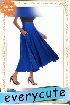 Blue High Waisted Swing A-line Maxi Skirt A-line Pleated Skirt With Pockets, Chic A-line Maxi Skirt In Solid Color, Blue A-line Maxi Skirt With Lining, Chic Blue A-line Maxi Skirt, Casual Blue A-line Skirt, Blue Fitted A-line Maxi Skirt, Blue A-line Bottoms With Pockets, Solid A-line Bottoms For Party, A-line Solid Color Bottoms For Summer