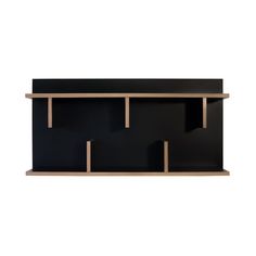 a black shelf with wooden shelves on it