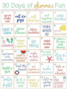 the 30 days of summer fun calendar