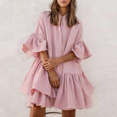 O-Neck Half Sleeve Solid Pleated Ruffles Loose Shirt Dress Pink A Line Dress, Loose Shirt Dress, Mode Rose, Ruffled Tunic, Summer Sundress, Petal Sleeve, Pleated Mini Dress, Mini Robes, Solid Color Dress