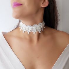 Lace pearl choker necklace - Radiate your beauty in this beautifully detailed Lace pearl choker necklace. Dress it up or dress it down its boho chic for any occasion. ------------------------------------♥ ♥♥ D E S C R I P T I O N ♥ ♥♥ --------------------------------------------------- ♥Choker Length : 13 inch ♥Width : 1.2 inch ♥pearl ♥Crystal stones ♥Silver plated lobster clasp ♥ Includes a 2 inch ( 5 cm) extension chain for any adjustments ♥ The grunge boho choker is handmade ♥ Please measure Pearl White Choker With Pearl Chain For Party, White Pearl Charm Choker Jewelry, White Pearl Drop Choker Jewelry, Elegant White Pearl Choker, Elegant White Choker With Pearl Charm, White Choker Jewelry For Parties, Elegant White Pearl Charm Choker, White Choker For Party, Pearl White Adjustable Choker For Party