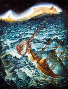 a painting of a ship in the ocean with a giant squid on it's back