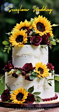 a wedding cake decorated with sunflowers and roses