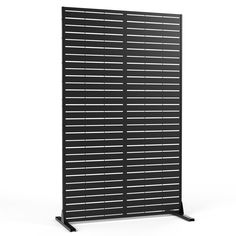 a black metal screen with horizontal slats on the top and bottom, against a white background