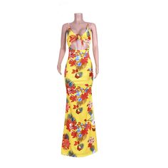 Boho Beach Floral Print Cut Out Floor Length Dresses Yellow Floral Print Vacation Dress, Tropical Floral Print Vacation Dresses, Tropical Floral Print Dress For Beach Party, Tropical Printed Maxi Dress For Beach Party, Tropical Print Dress For Vacation, Tropical Maxi Sundress For Beach Party, Tropical Print Dress For Beach Season, Maxi Length Vacation Party Dress, Maxi Length Vacation Dress For Party