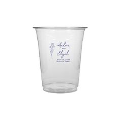 a clear plastic cup with blue writing on the front and bottom, sitting against a white background