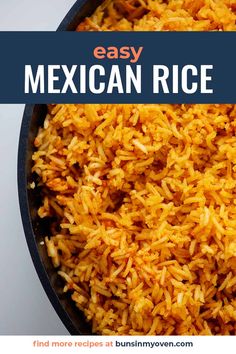 mexican rice in a skillet with text overlay